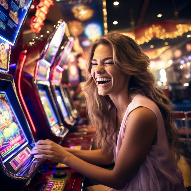 Mesin slot digital dengan simbol buah dan angka jackpot